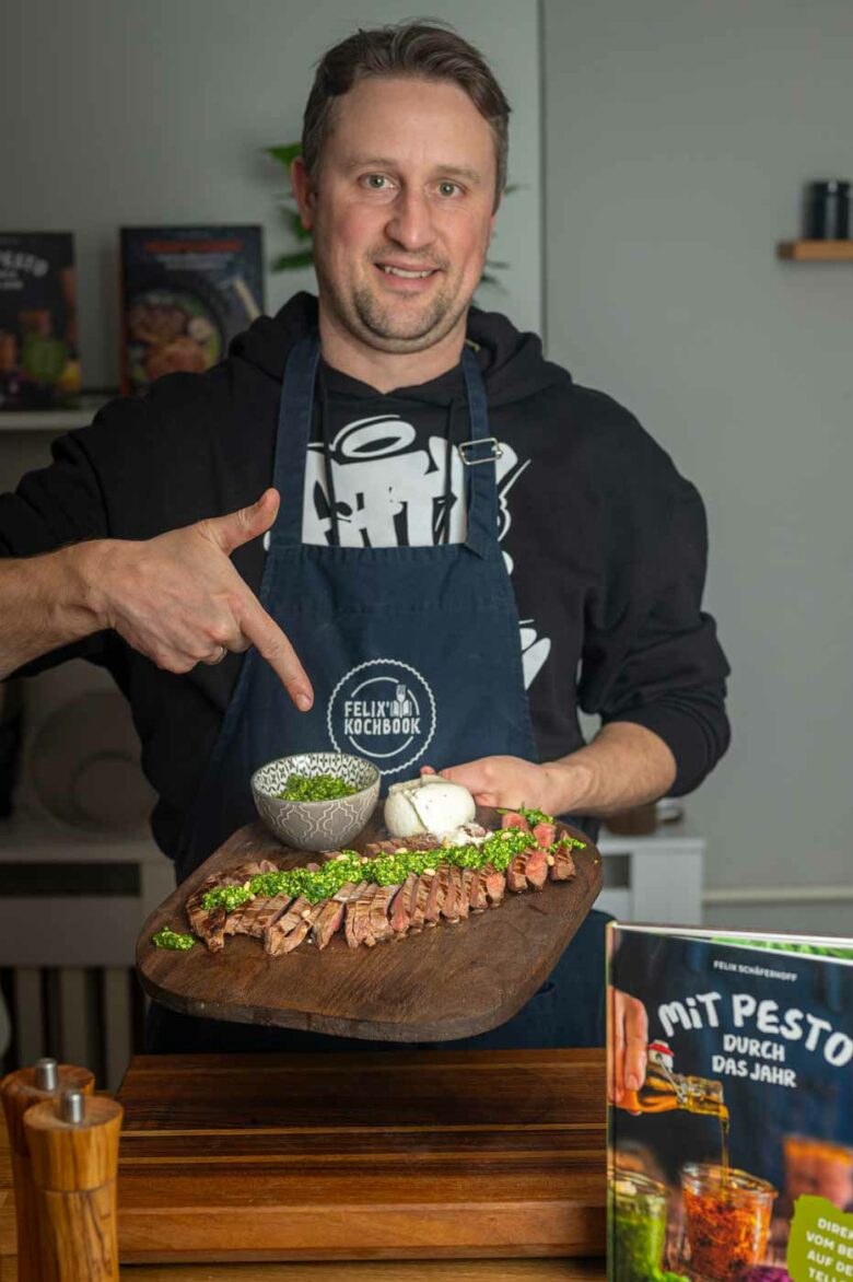 Ein Rezept für ein Flank Steak mit Rucola Pesto und Burrata