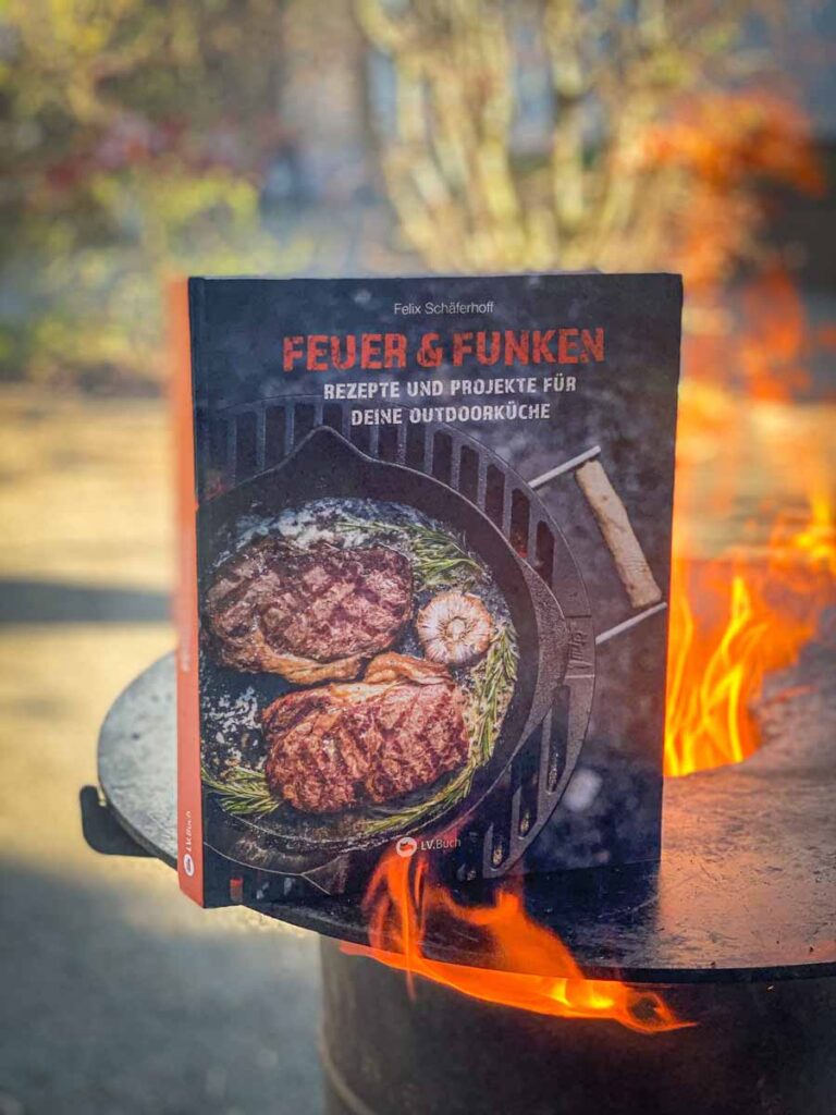 Mein Grillbuch Feuer und Funken auf einer Feuerplatte
