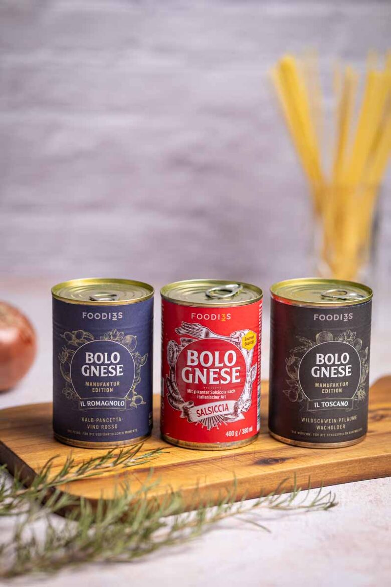 Verschiedene 3Foodies Bolognese Sorten nebeneinander – Traditionell, Wagyu und Gemüse-Variante im Test