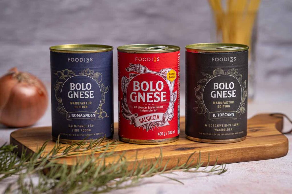 Verschiedene 3Foodies Bolognese Sorten nebeneinander – Traditionell, Wagyu und Gemüse-Variante im Test