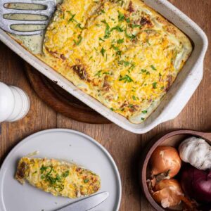 Fertiger überbackener Chicorée mit knusprig goldbraunem Käse in einer Auflaufform